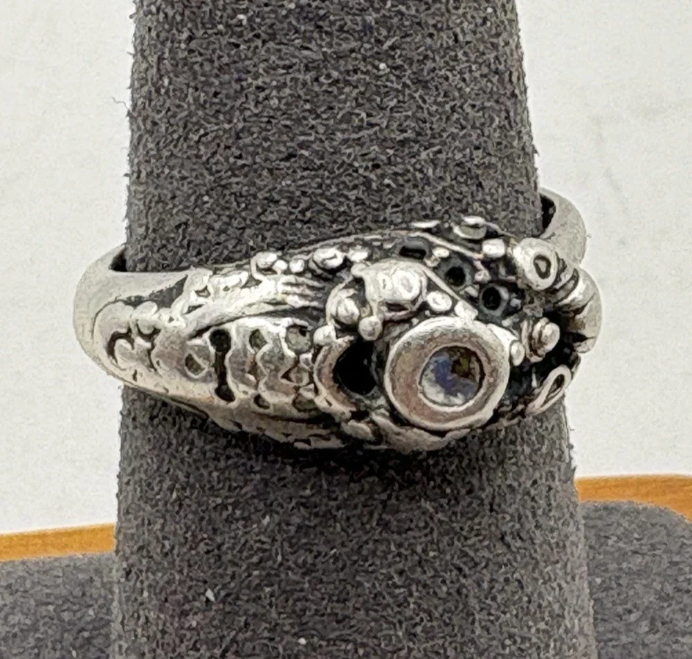 Vintage Sterling Silver Abalone Chinese Asian Dragon Snake Adjustable Ring 4.49g